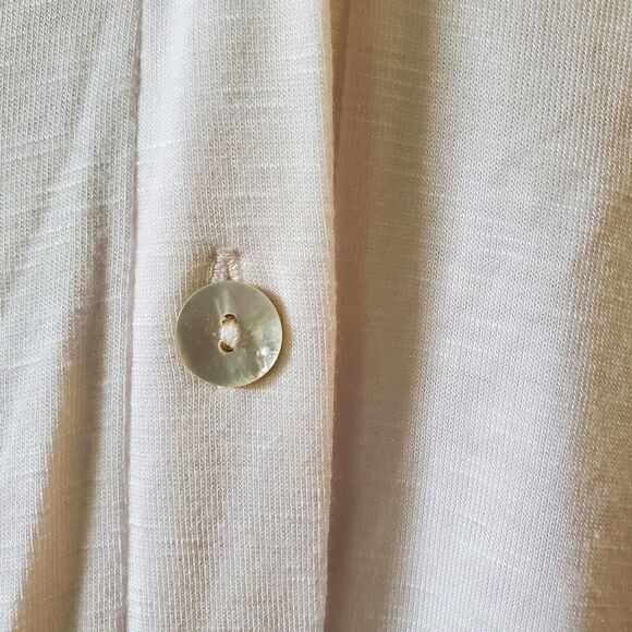 Logo Womans Blouse Ivory Rayon Solid Tunic Pockets Button Up Gray Lace Trim Sz L - Picture 4 of 12